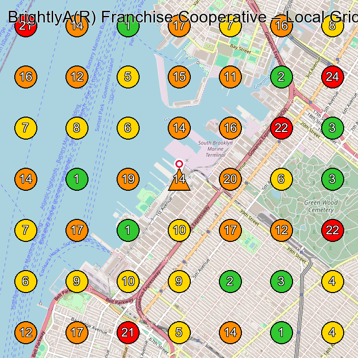 BrightlyA(R) Franchise Cooperative Commercial Cleaning Service GeoGrid ranking map for Brooklyn NY